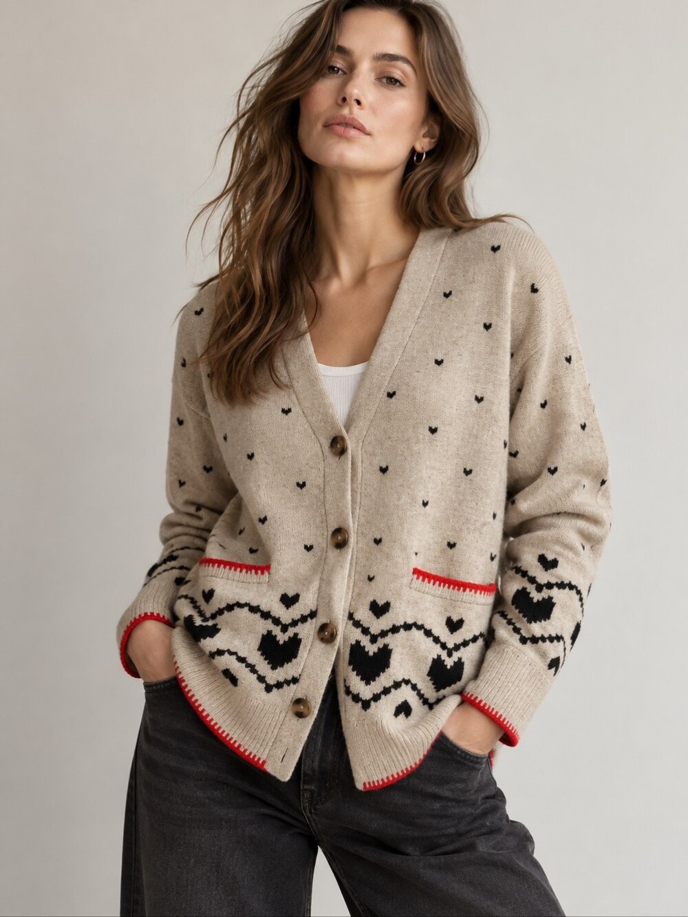 MONROW Supersoft Heart Knit Fair Isle Cardigan Sweater Oversized Small